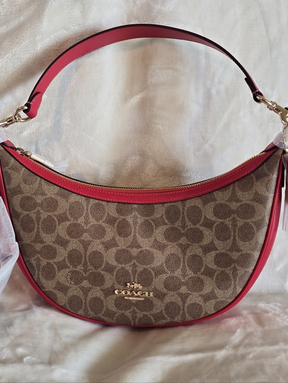 Coach Aria Shoulder Bag In Signature Canvas In Tan/Carnation